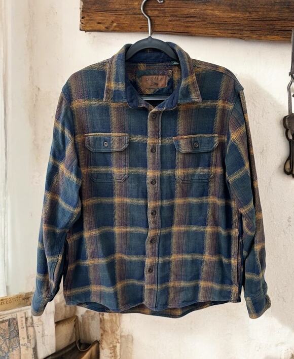 Orvis Other - Orvis Men's Heavy Weight Cotton Shirt Size L Long Sleeve Tan Blue Rust 4 Pockets